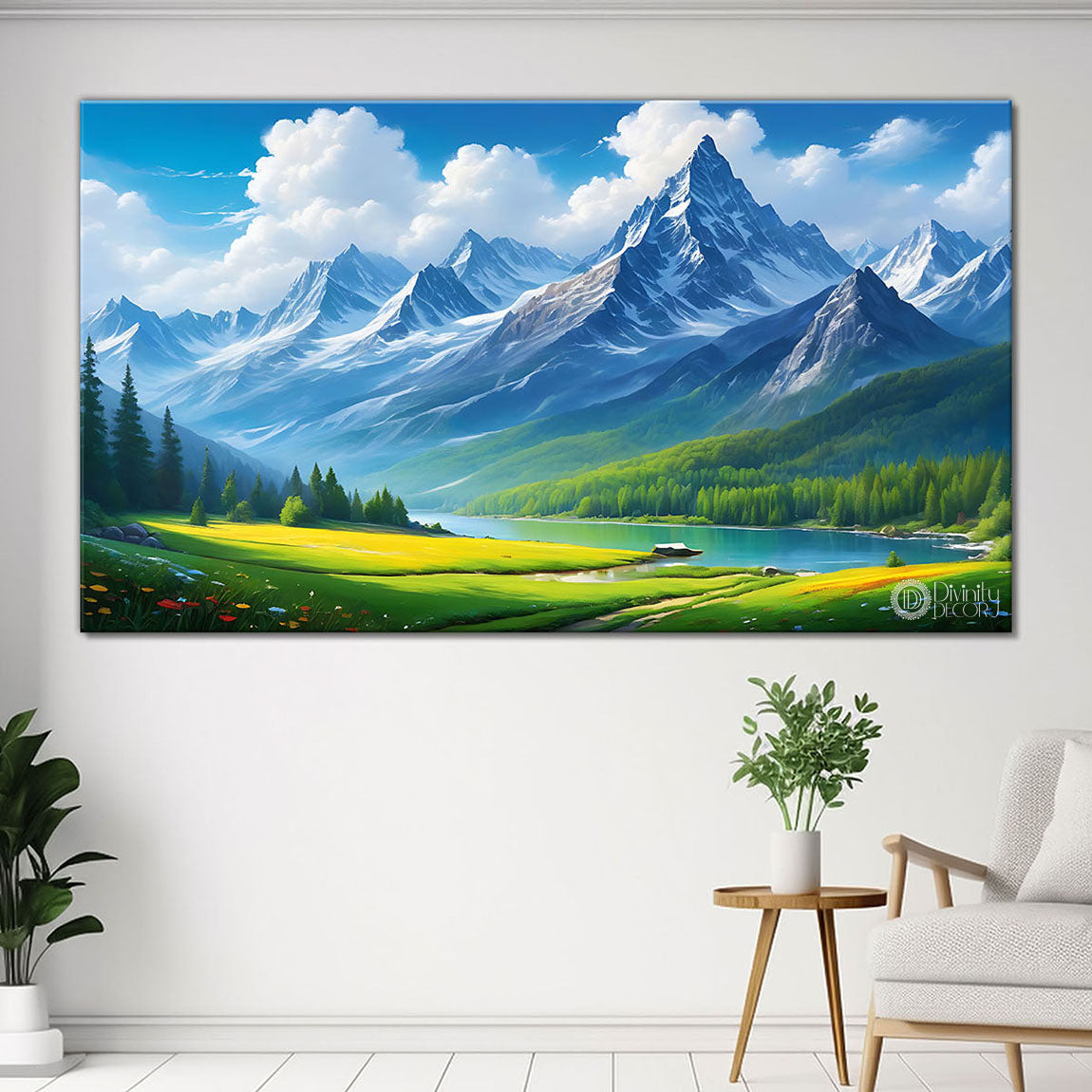 Mountains with greenery and cloudy sky in textured natural art Canvas Painting - Nature Art -39