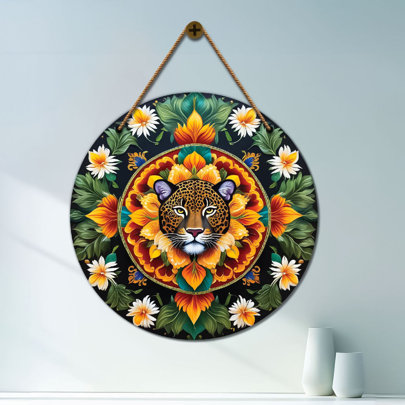 Tiger and floral and green mandala Round Wooden Wall Hanging for wall Décor - Design - 39