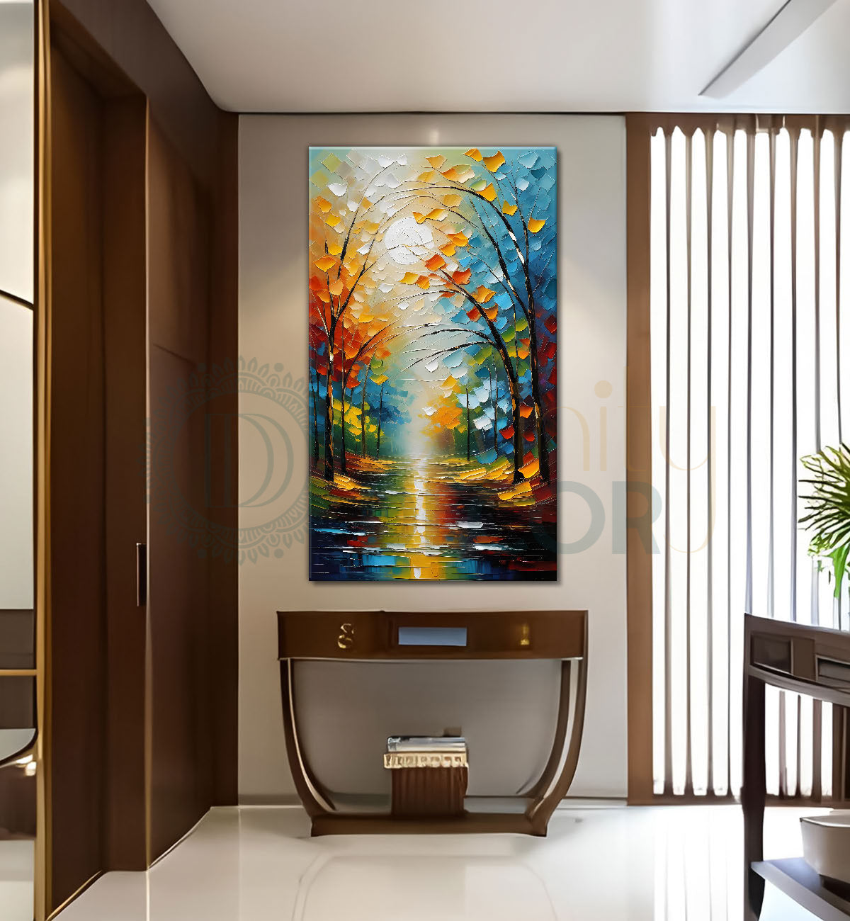 Colourful trees with lake in textured painting Canvas Painting - Nature Art -V-39