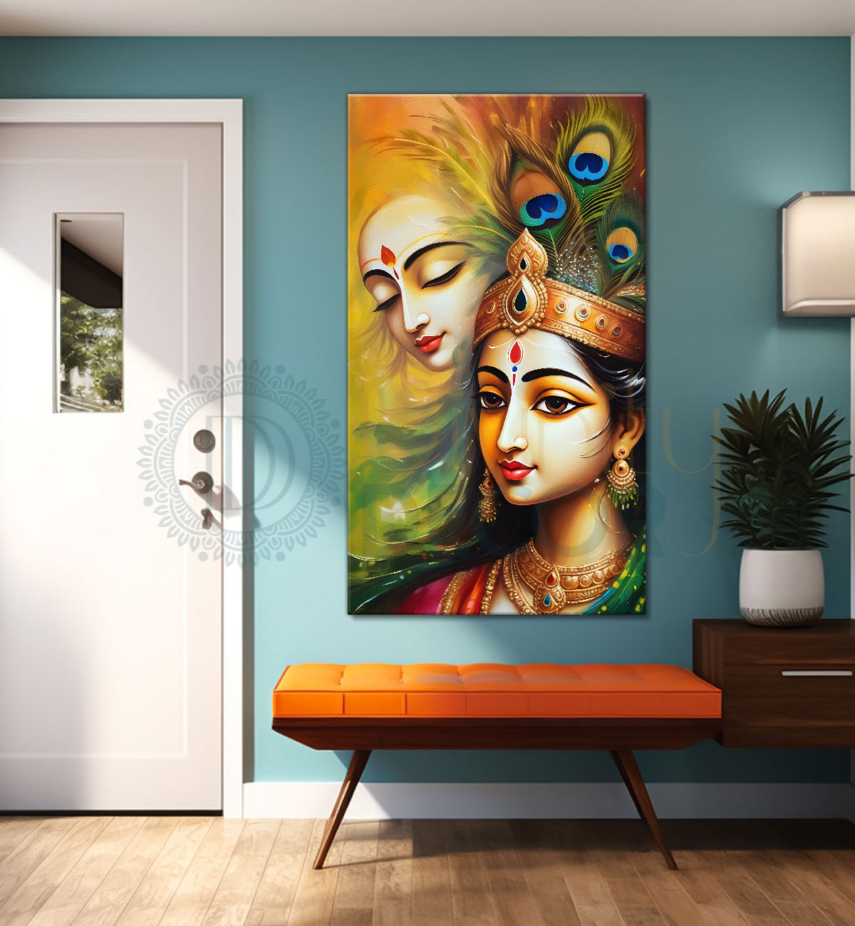 Krishna with radha in yellow background textured art Canvas Painting - Design - Krishna-V-3