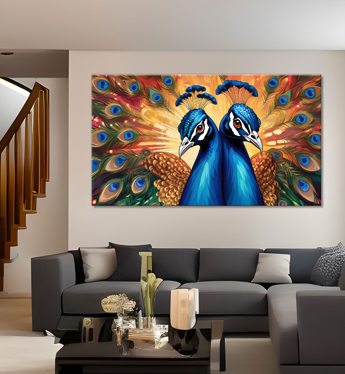 Two beautiful peacocks with colorful background Canvas Painting - Design - Peacock-3