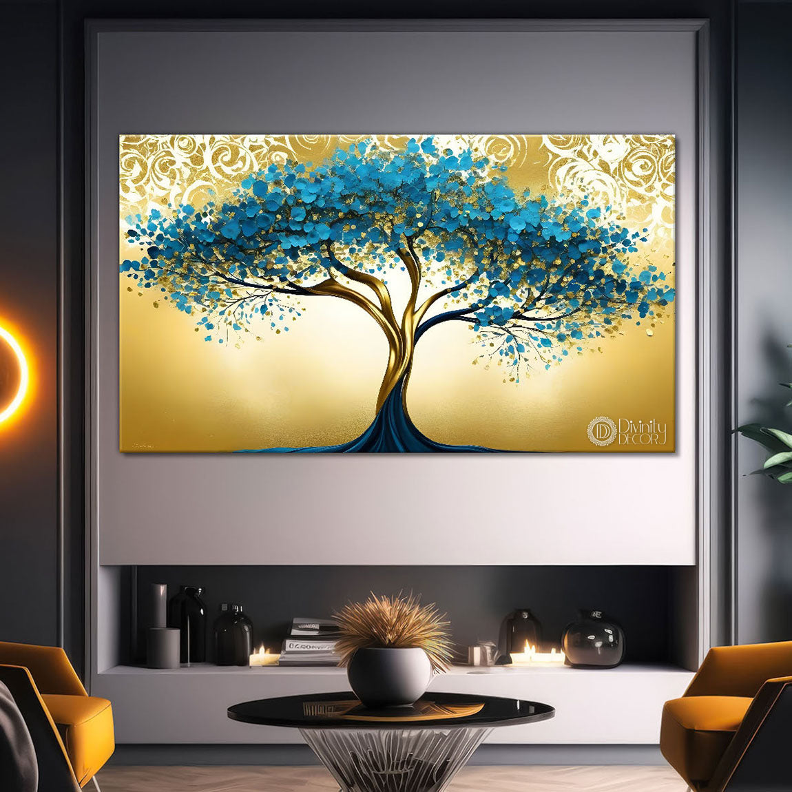Aqua color tree in golden textured background modern art Canvas Painting - Design - Tree-40