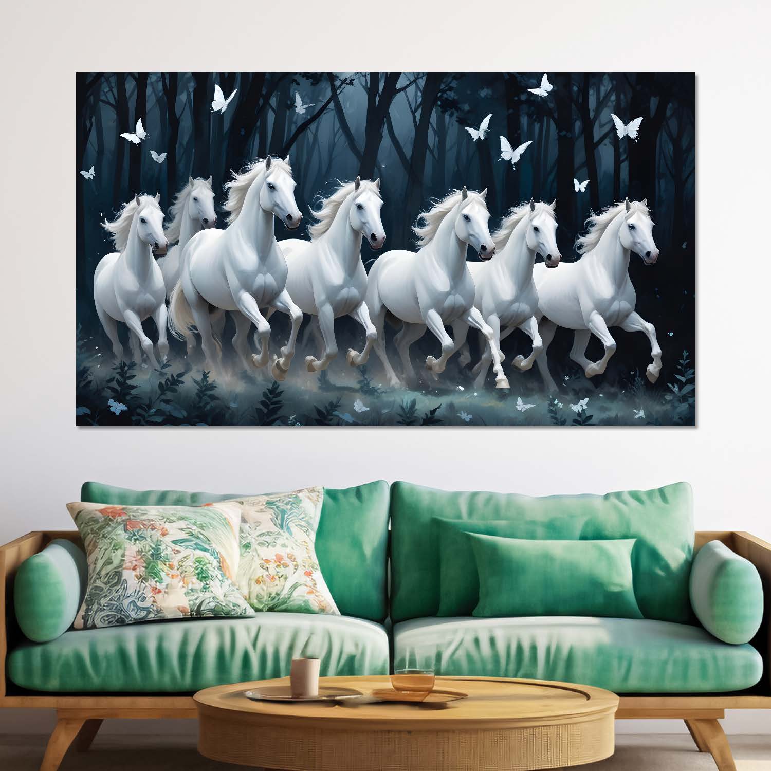 White running horses with white butterflies and trees in dark textured background art Canvas Painting - Design - Horse-40