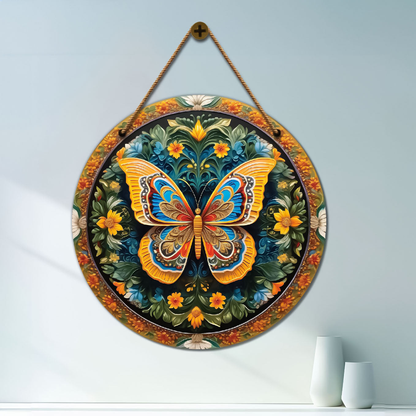 Butterfly in green and yellow mandala Round Wooden Wall Hanging for wall Décor - Design - 40