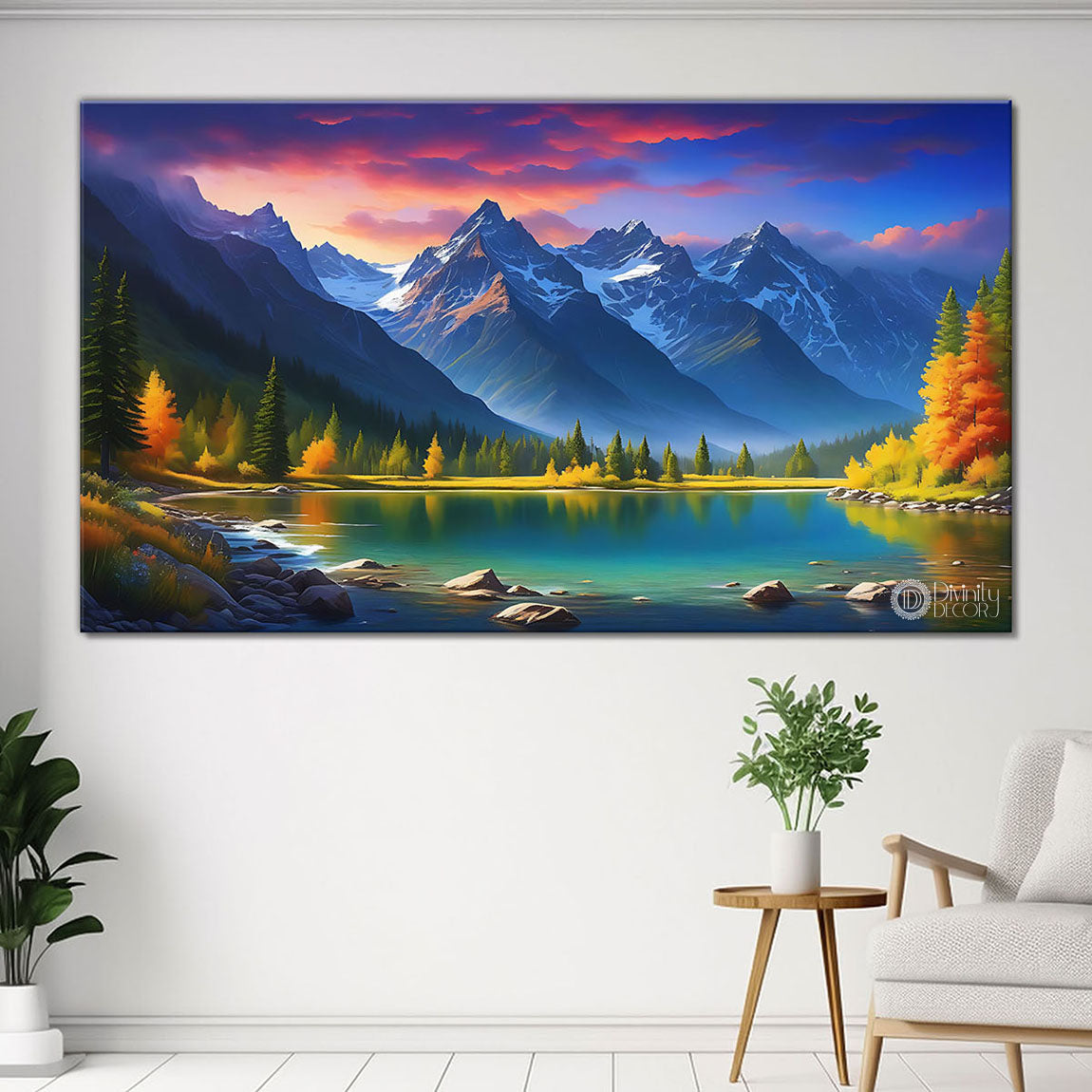 Mountains with lake and yellow trees with pink sky in textured natural art Canvas Painting - Nature Art -40