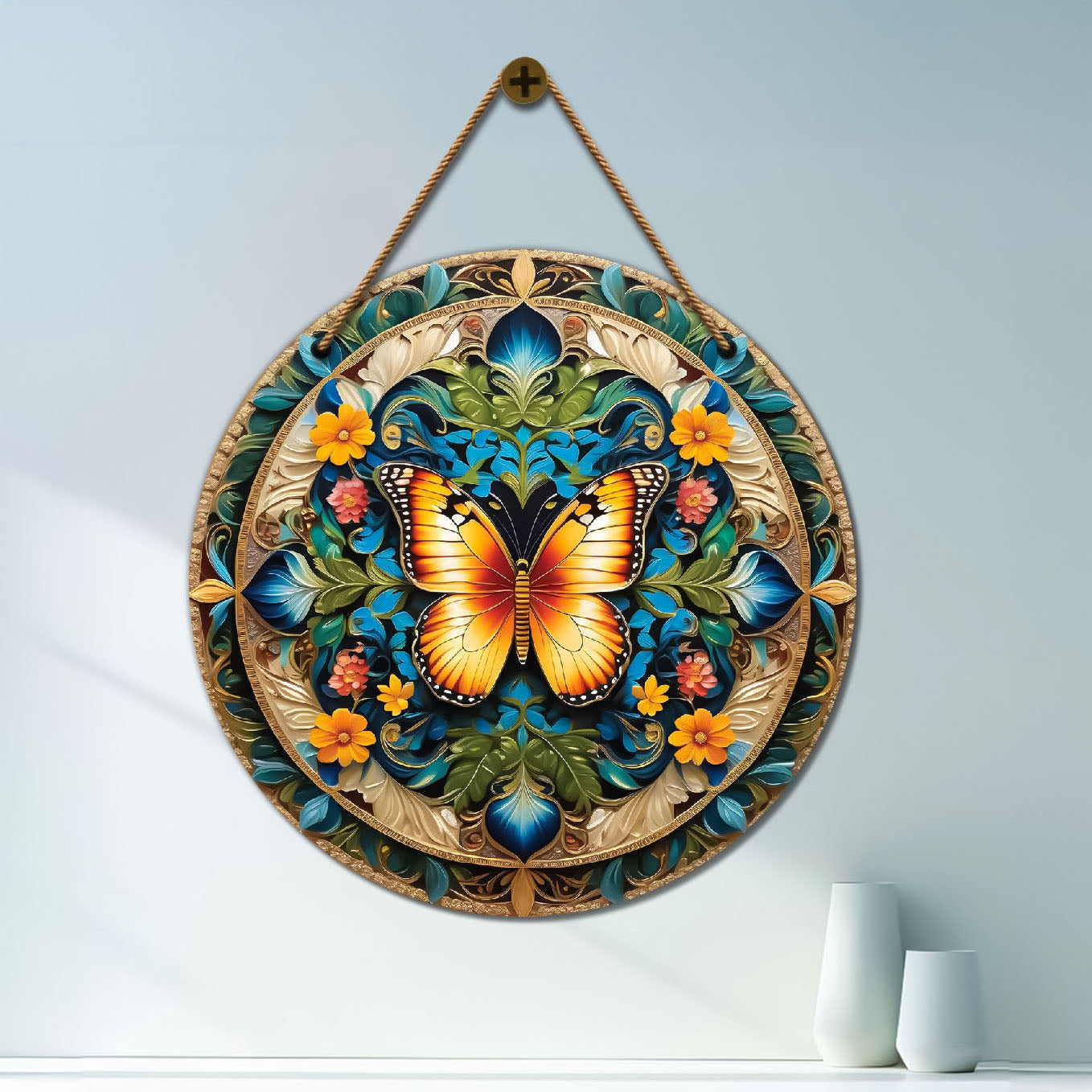 Yellow butterfly in green and orange mandala Round Wooden Wall Hanging for wall Décor - Design - 41