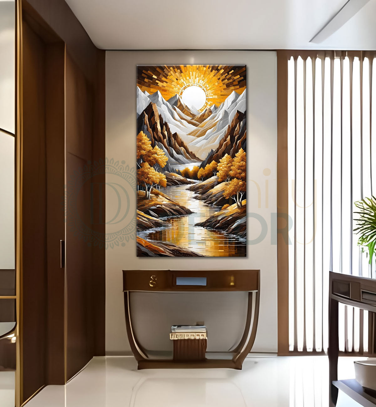 Mountian with golden detailing with lake and sunrise Canvas Painting - Nature Art -V-41