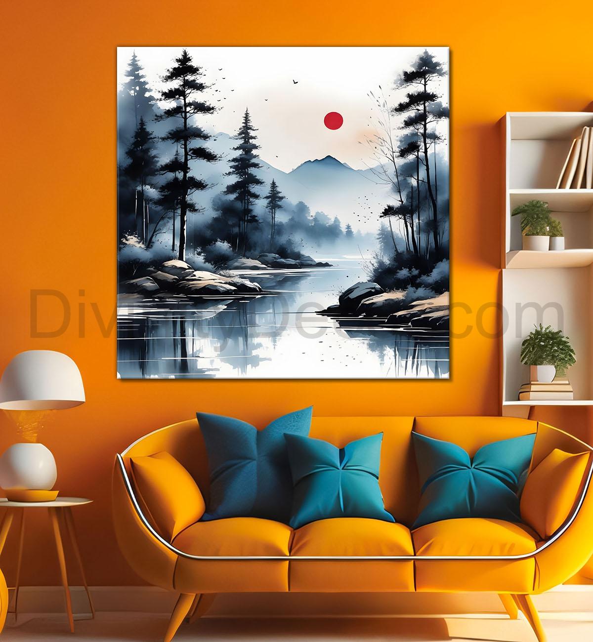 Mountains with trees and river water colour painting Canvas Painting 24X24 - Nature Art -S-41