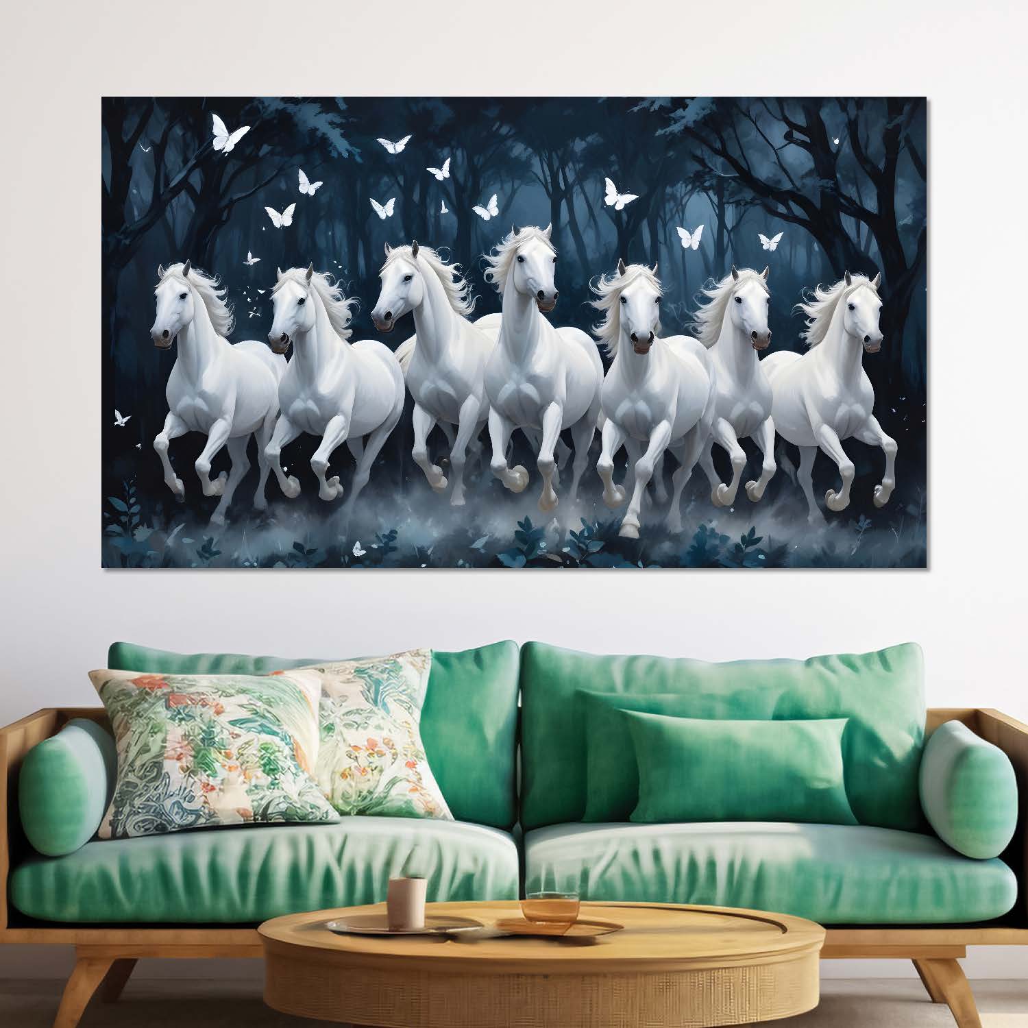 White running horses with white butterflies and trees in dark textured background art Canvas Painting - Design - Horse-41