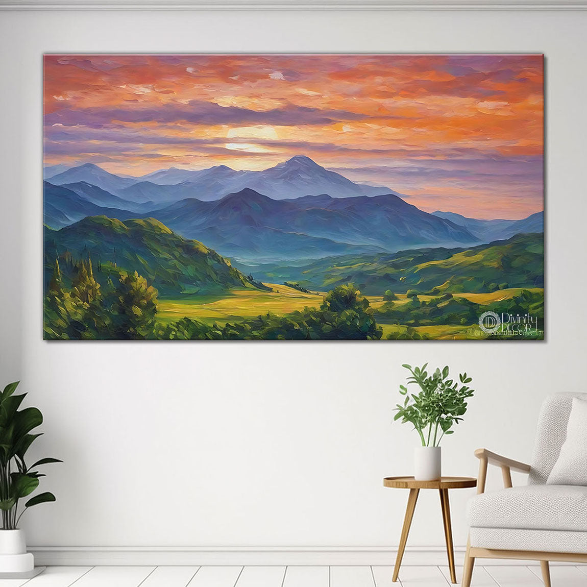 Mountains with greenery in orange sky in textured natural art Canvas Painting - Nature Art -41