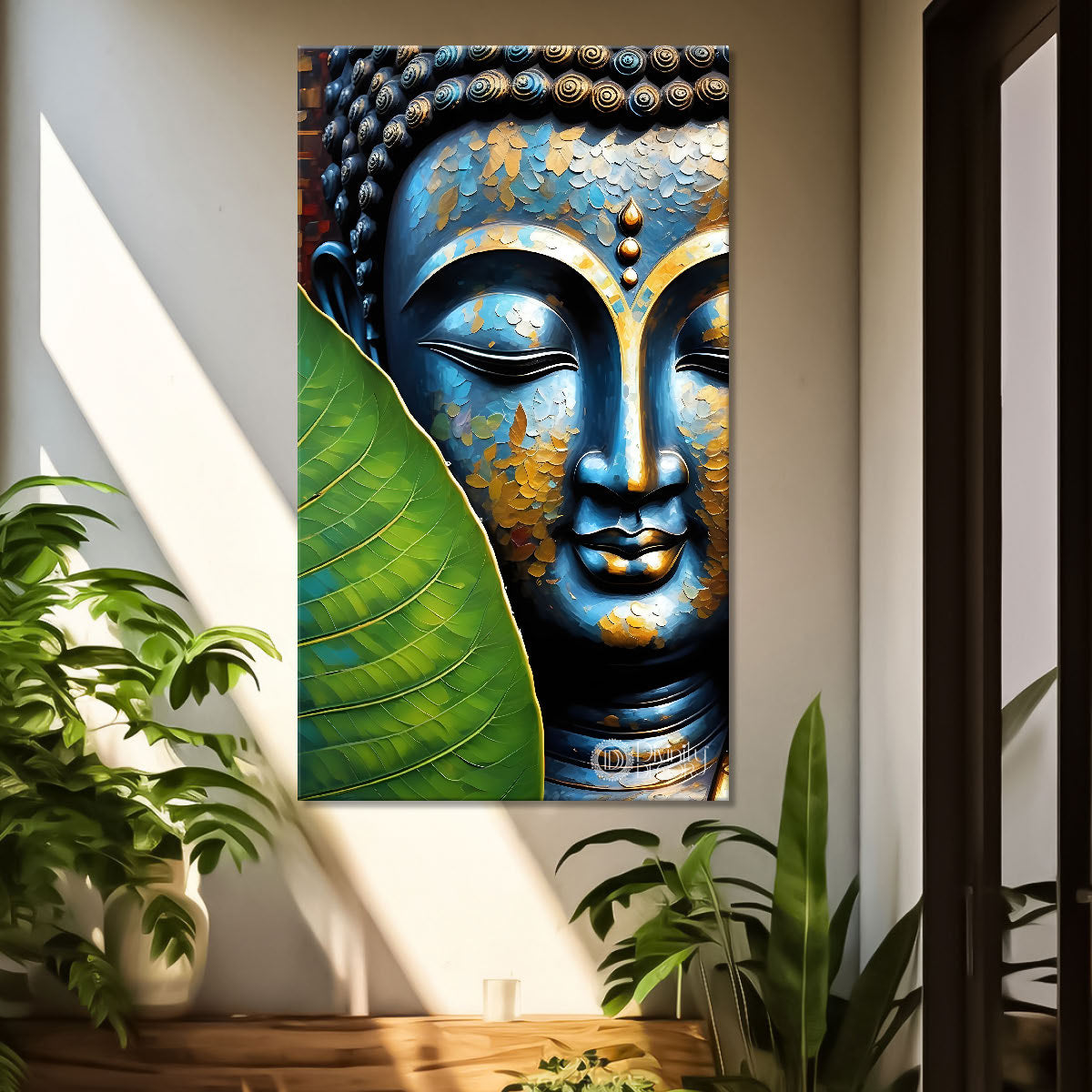 Blue buddha face with green leaf background textured painting - Buddha-V-41