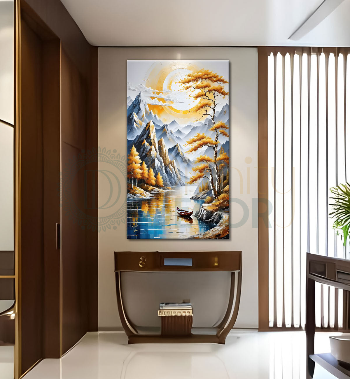 White mountains with golden trees and lake textured natural art Canvas Painting - Nature Art -V-42