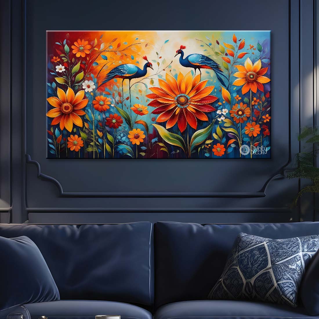 Orange flowers with birds textured painting- Design - Flower-42