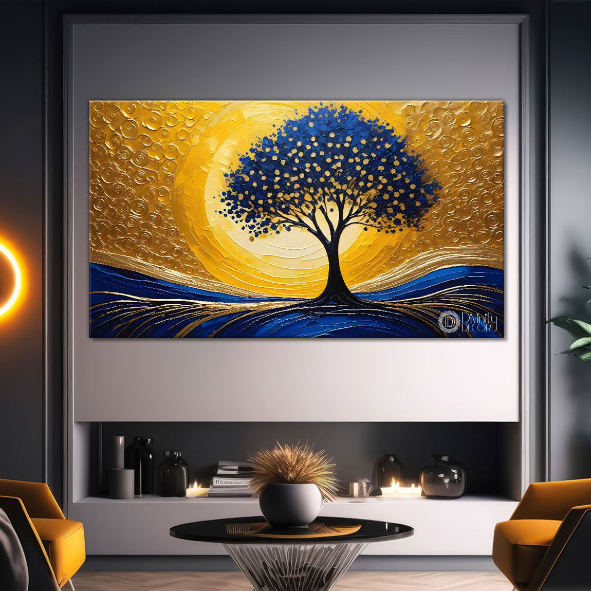 Blue tree with golden and white background textured modern art Canvas Painting - Design - Tree-42