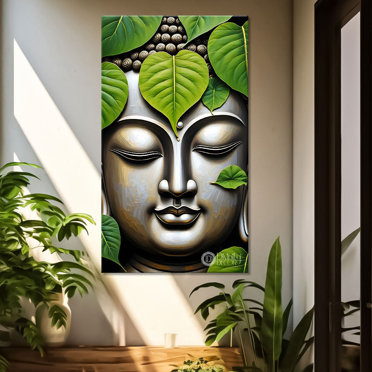 Buddha face with green leaves background textured painting - Buddha-V-42
