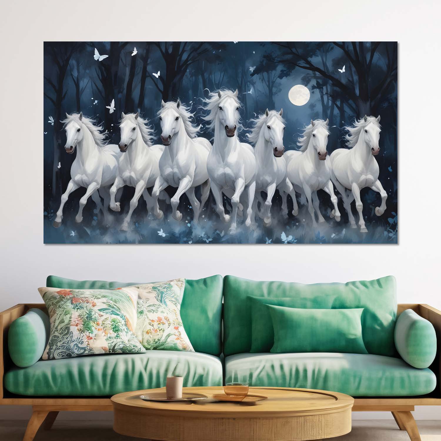 White running horses with white butterflies and trees in night textured background art Canvas Painting - Design - Horse-42