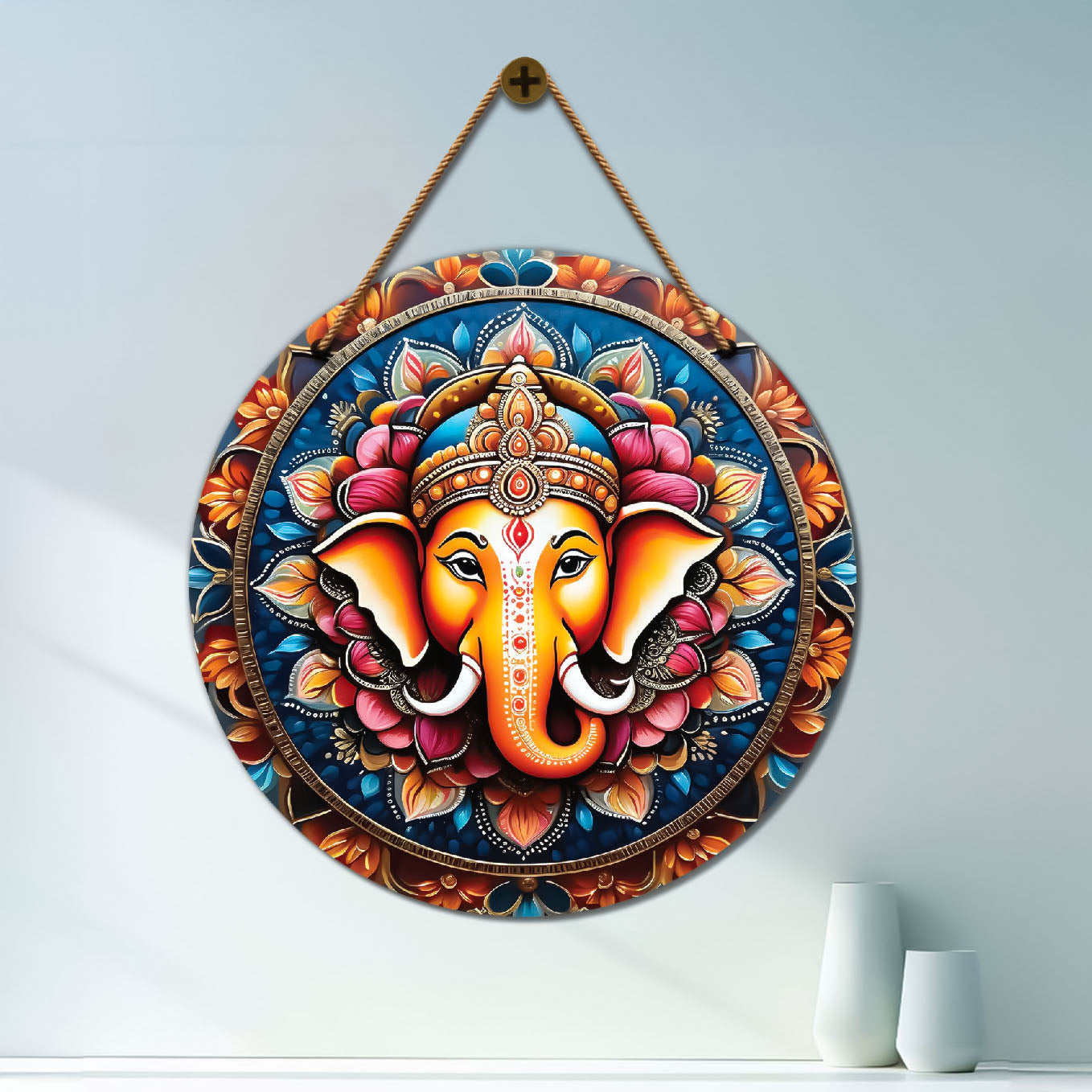 Ganesh Ji in blue and orange mandala Round Wooden Wall Hanging for wall Décor - Design - 42