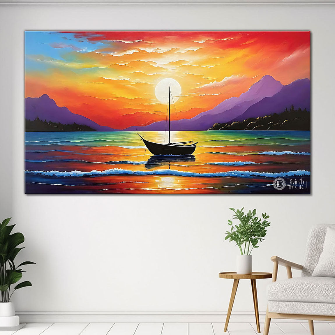 Boat on a river with mountains and colorful sky in textured natural art Canvas Painting - Nature Art -42