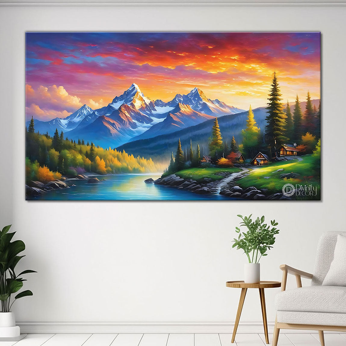 Mountains with river and colorful sky in textured natural art Canvas Painting - Nature Art -43
