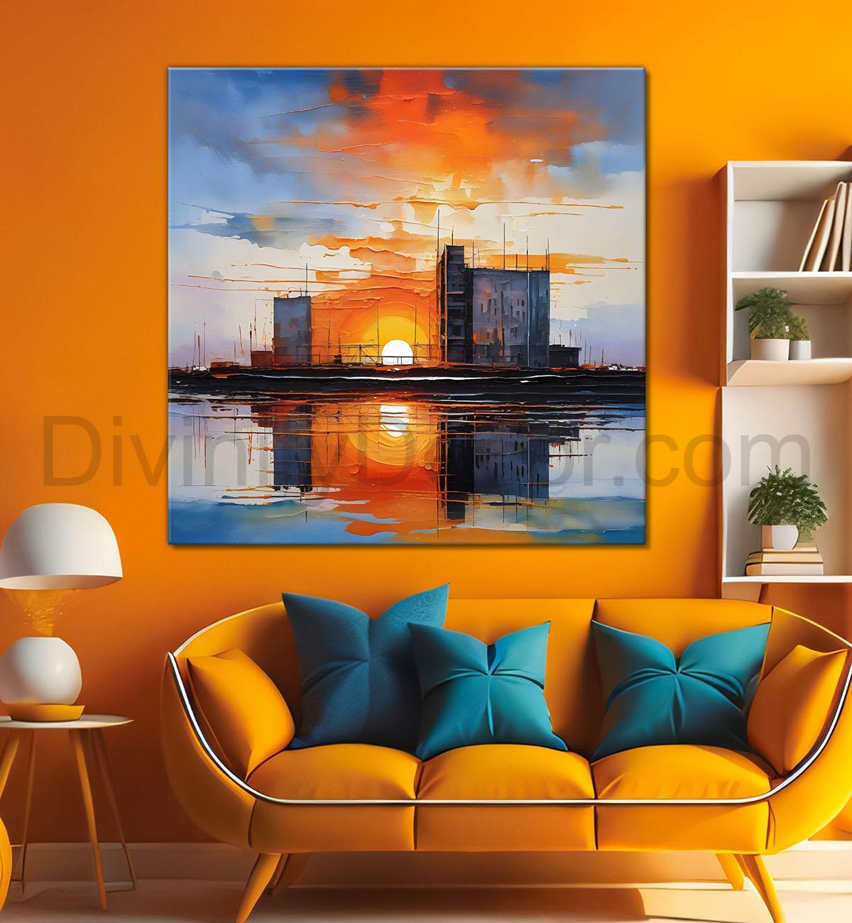 City in the sun set painting Canvas Painting 24X24 - Nature Art -S-43