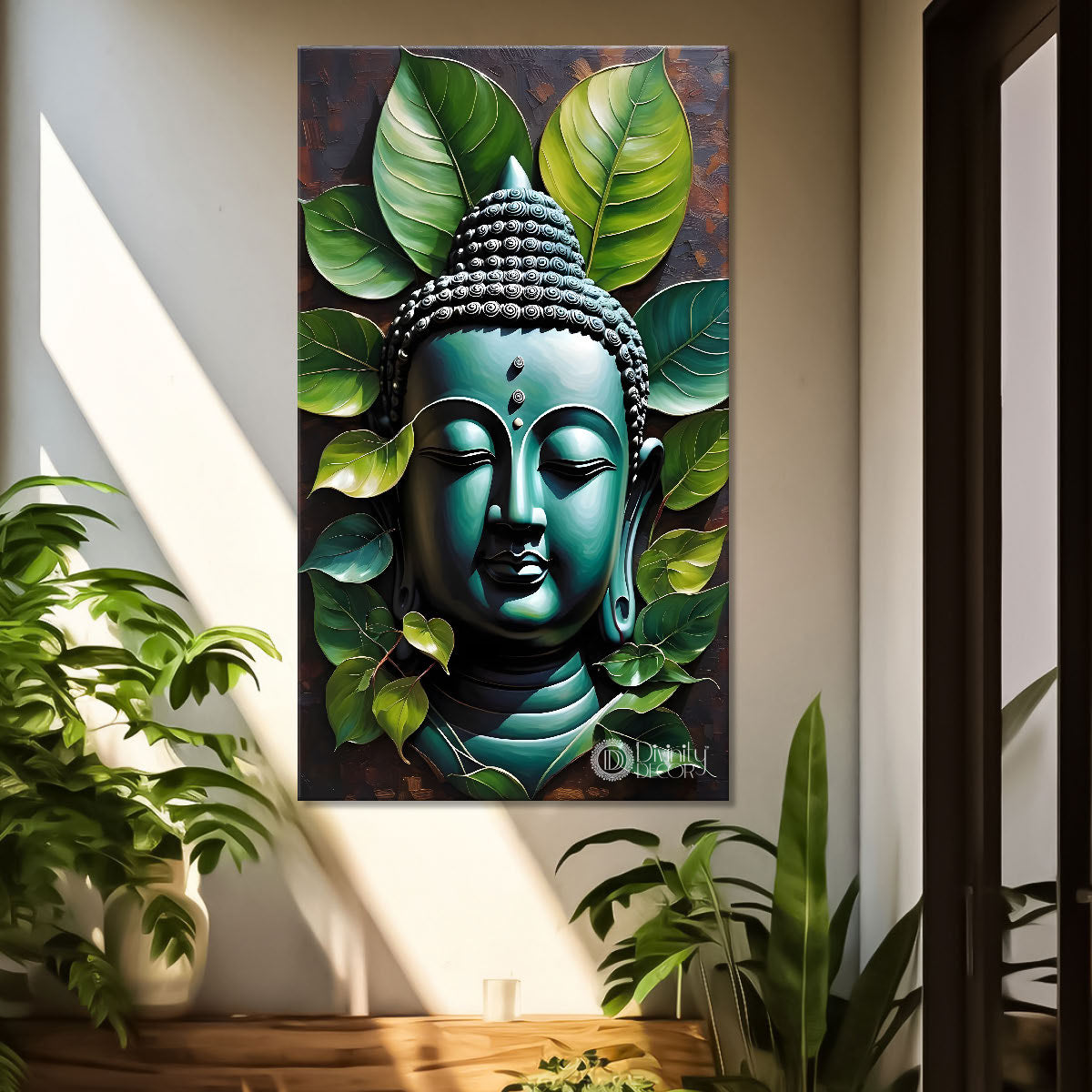 Blue buddha face with green leaves background textured painting - Buddha-V-43