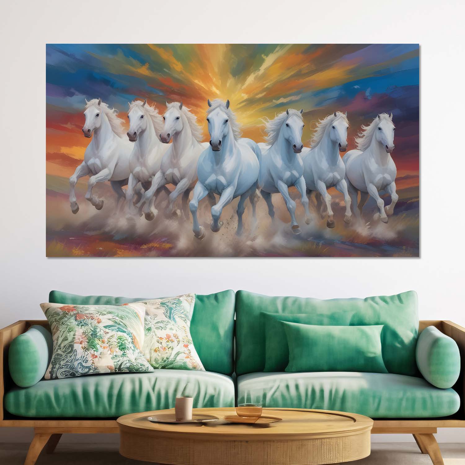 White running horses in colorful textured background art Canvas Painting - Design - Horse-43