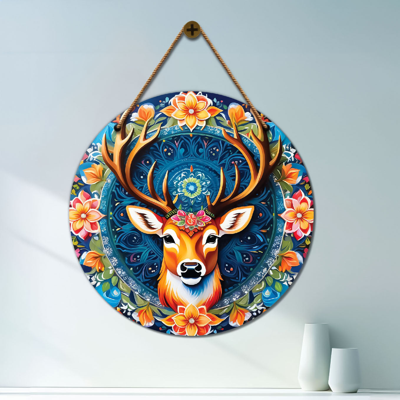 Deer in blue and orange mandala Round Wooden Wall Hanging for wall Décor - Design - 43
