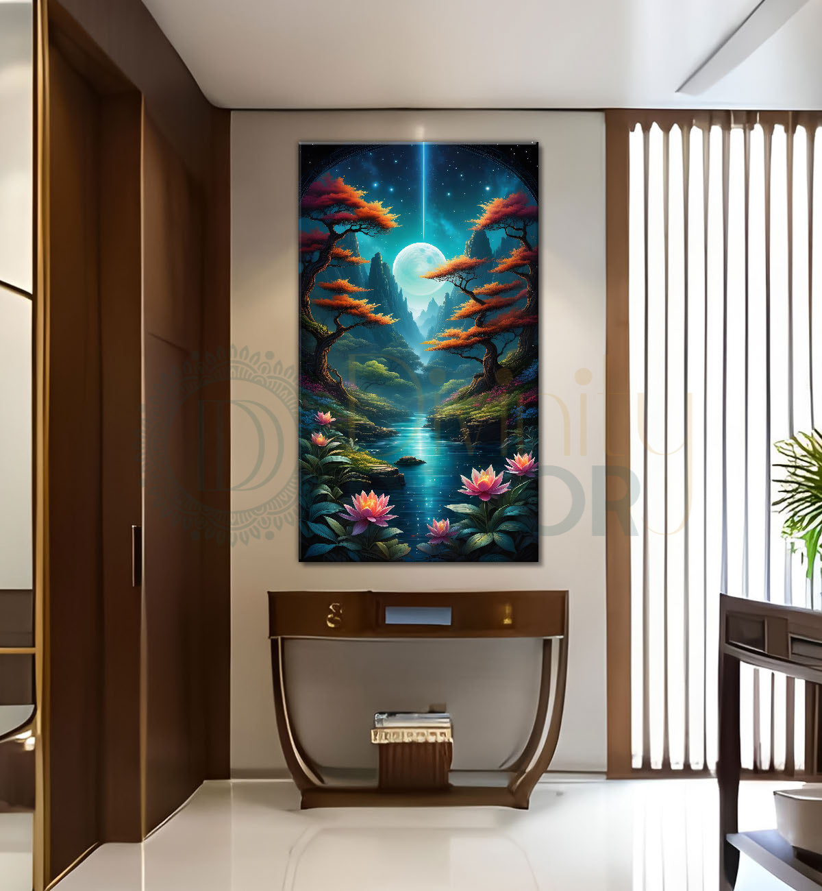 Orange treeswith lake and lotusin night background textured painting Canvas Painting - Nature Art -V-44