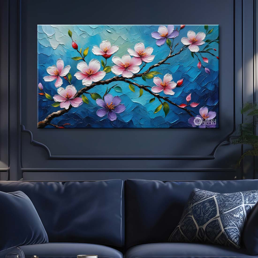 White flowers with blue textured painting- Design - Flower-44