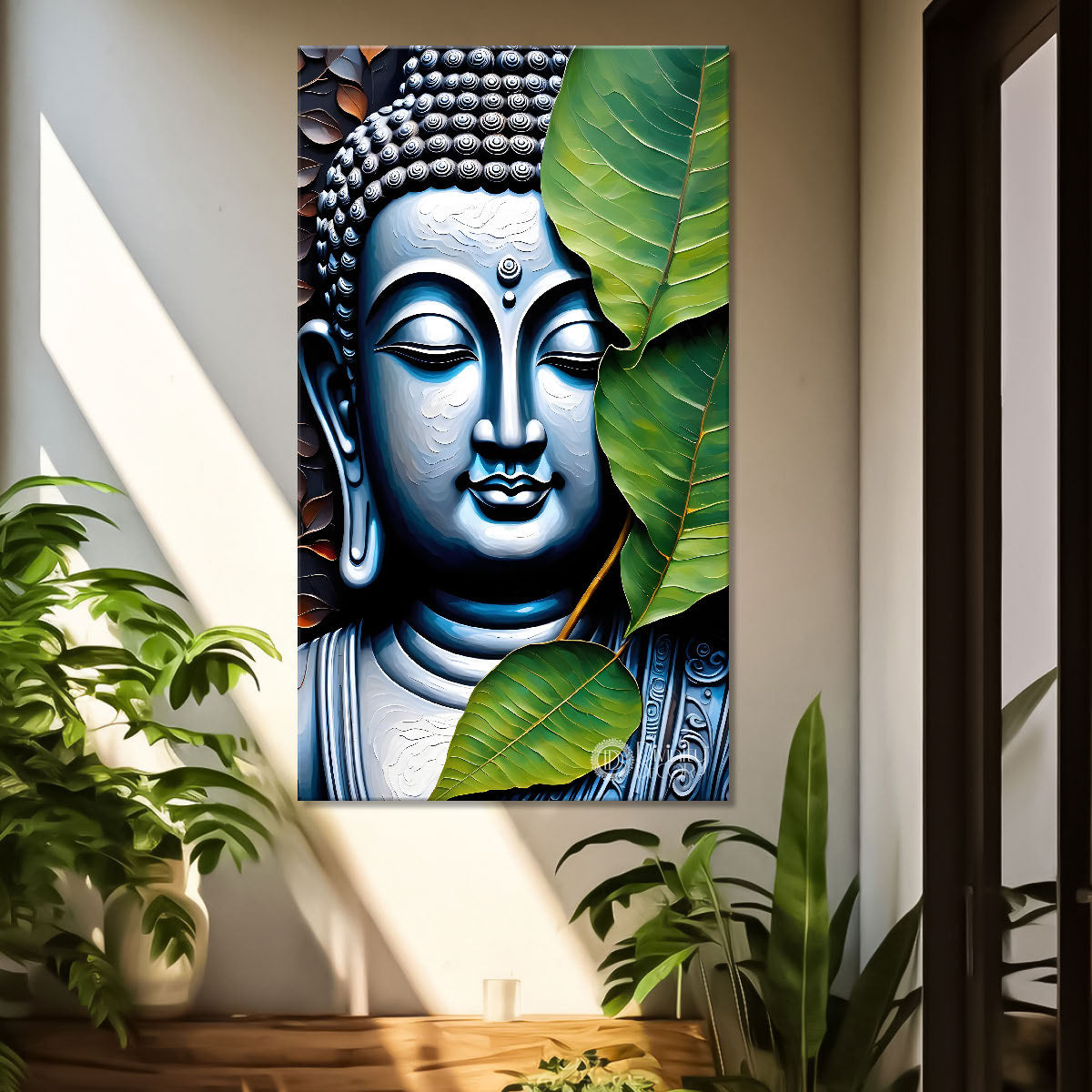 Blue buddha face with green leaves background textured painting- Buddha-V-44