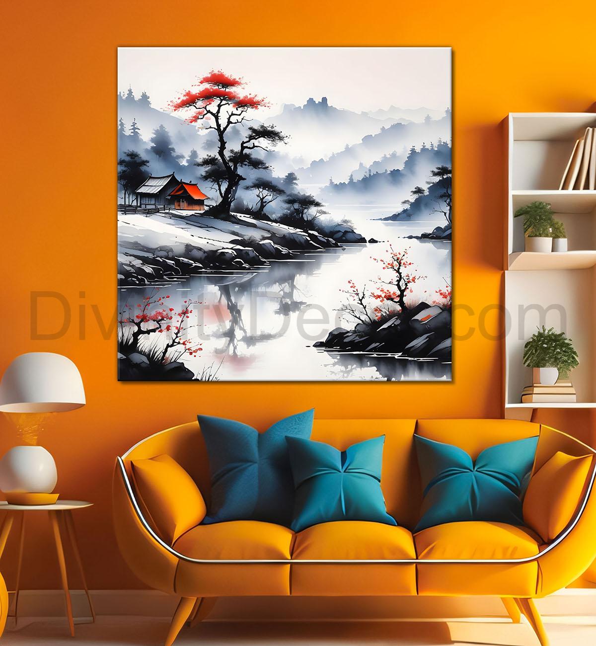 Mountains with trees and river water colour painting Canvas Painting 24X24- Nature Art -S-44