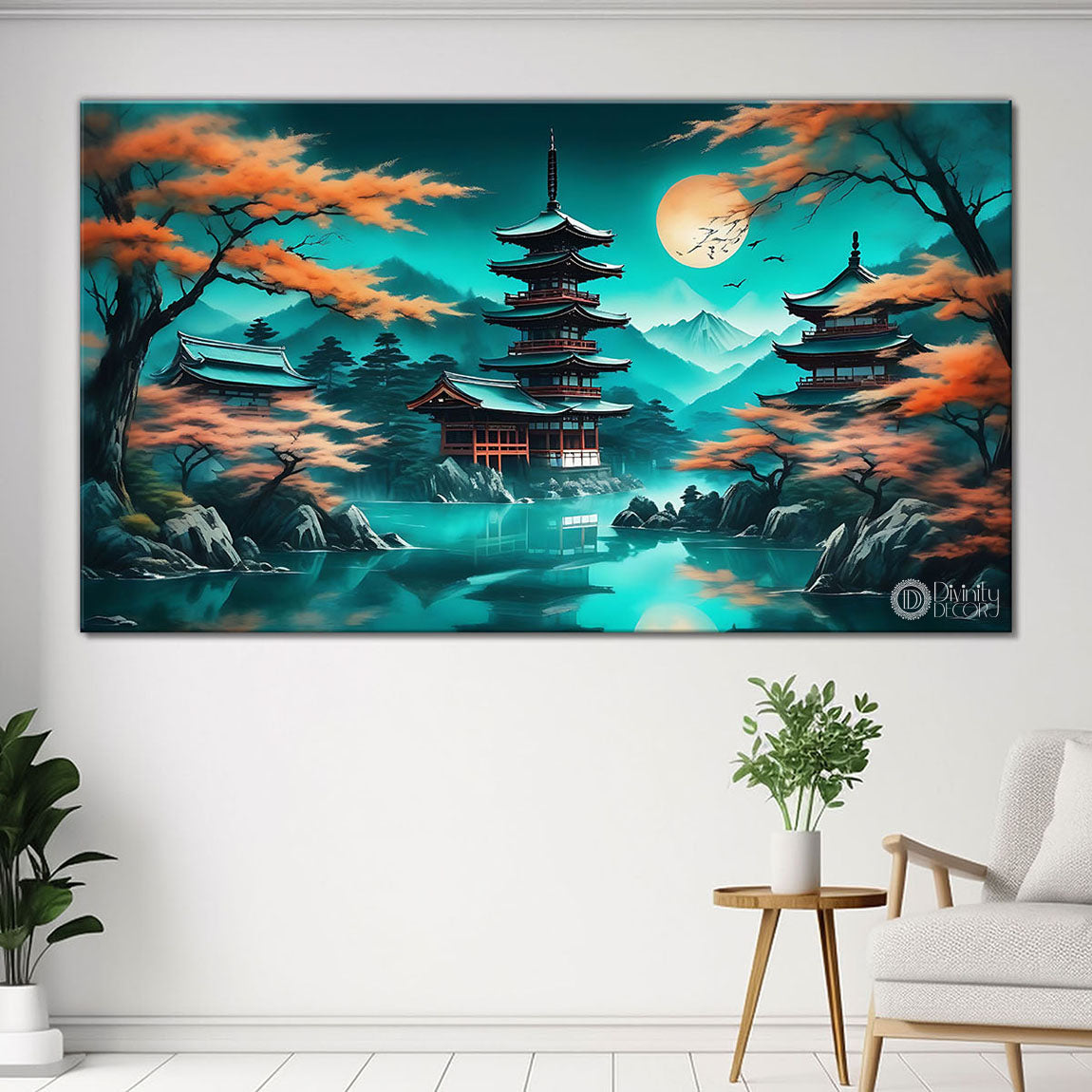 Japanese temple with orange trees in aqua green background in textured natural art Canvas Painting - Nature Art -44