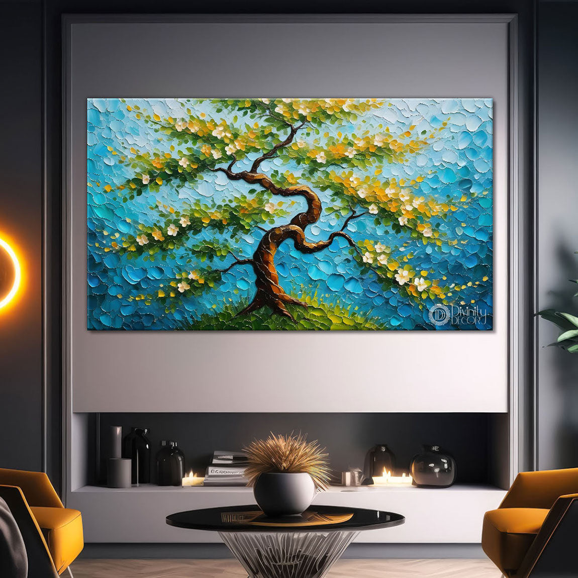 White flower tree in textured background oil painting Canvas Painting - Design - Tree-44