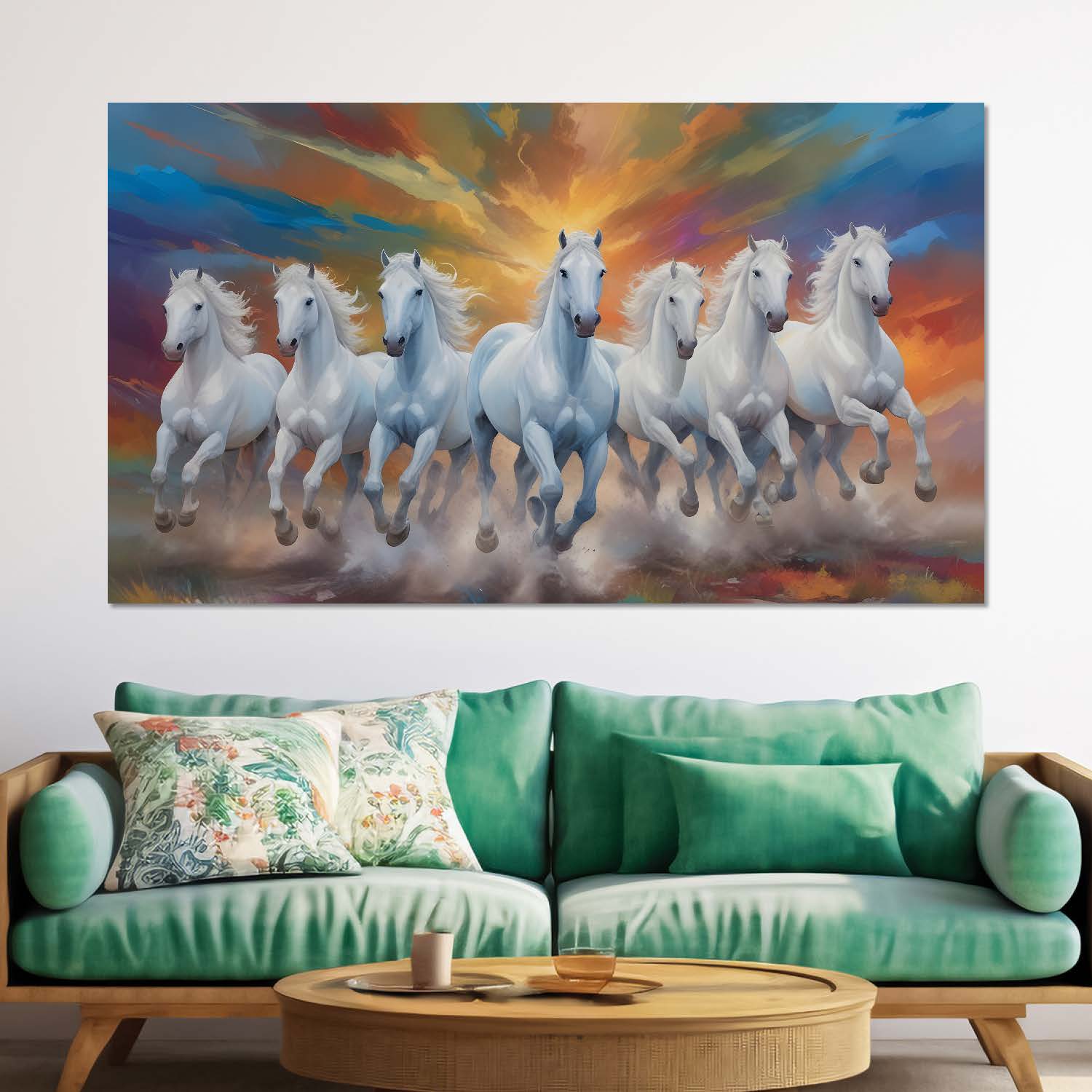 White running horses in colorful textured background art Canvas Painting - Design - Horse-44