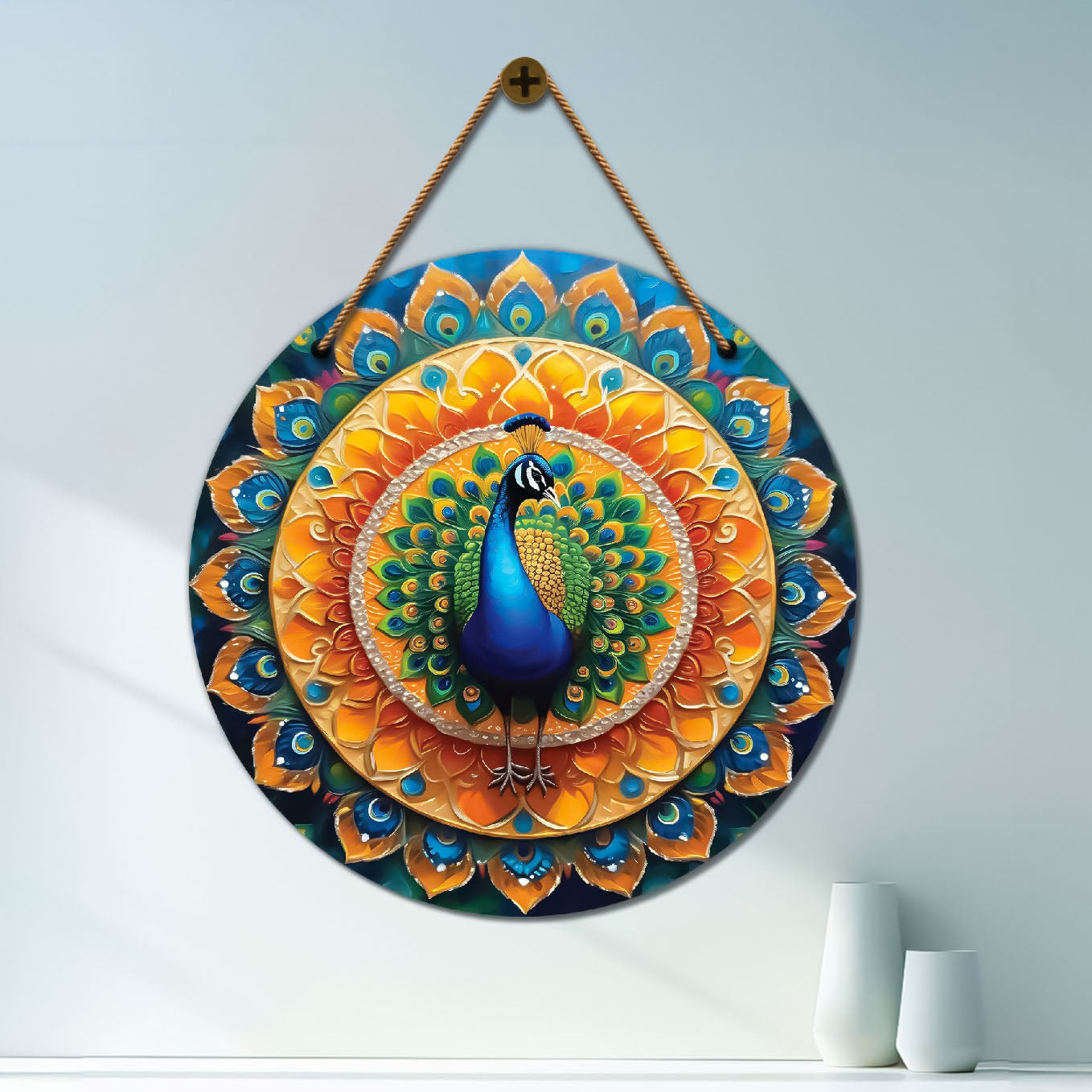 Peacock in orange and green mandala Round Wooden Wall Hanging for wall Décor - Design - 44