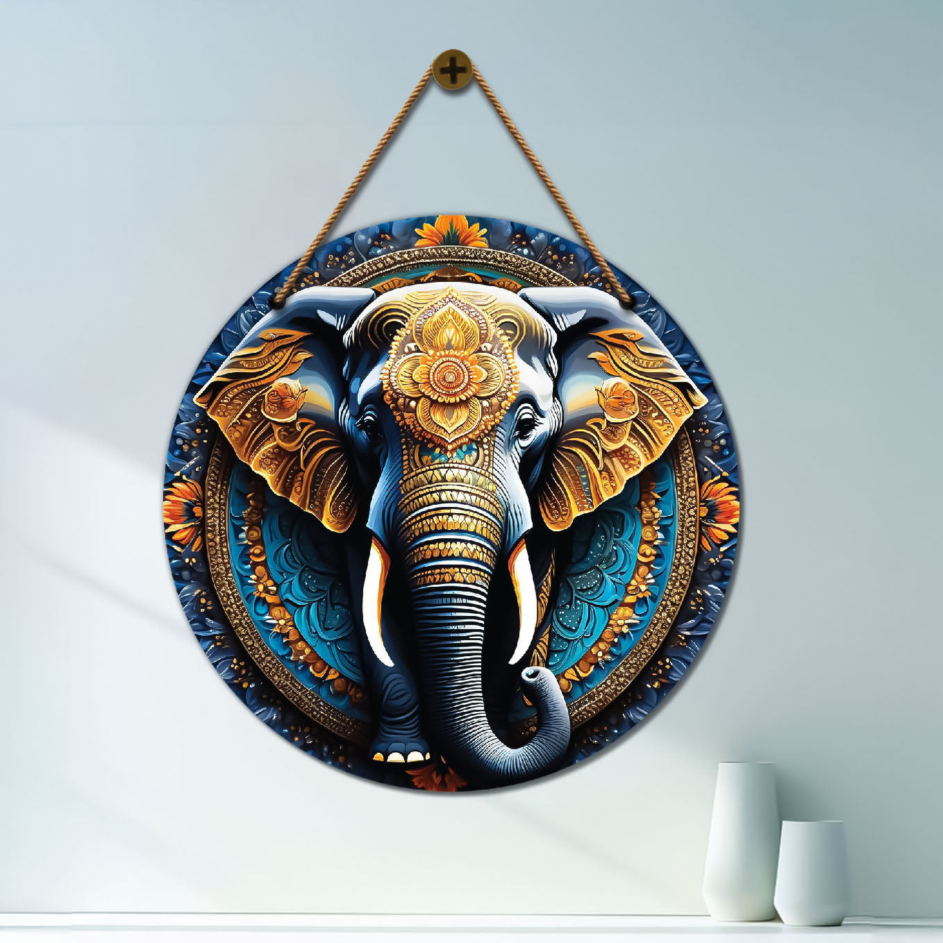 Elephant in colourful mandala Round Wooden Wall Hanging for wall Décor - Design - 45