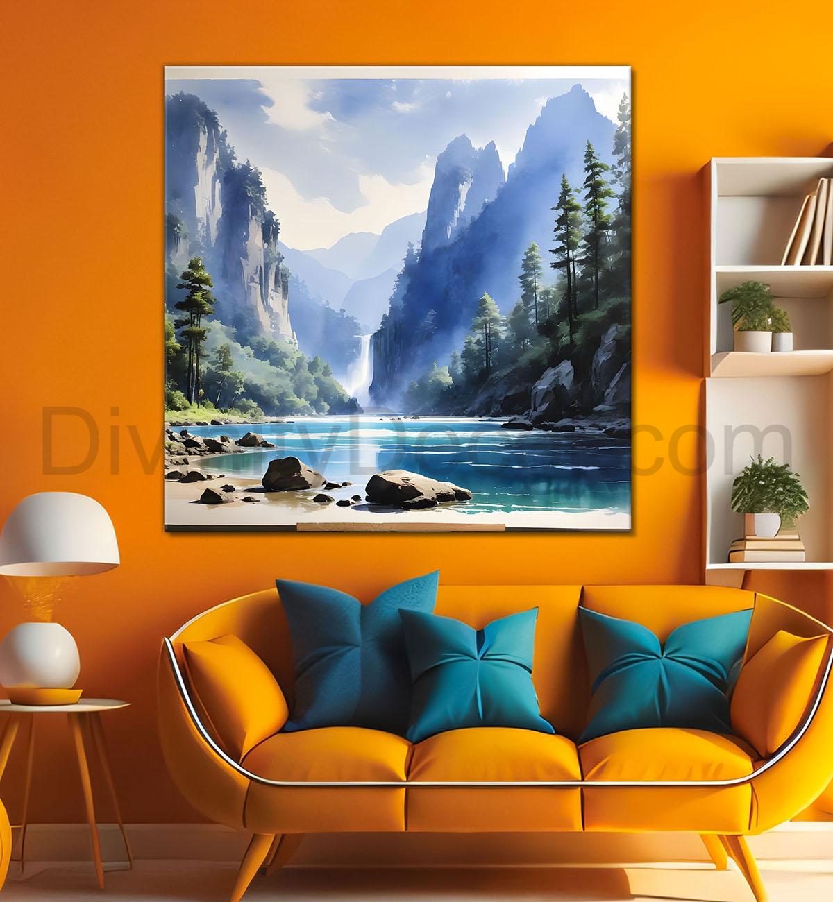 Mountains with river and greenery painting Canvas Painting 24X24- Nature Art -S-45