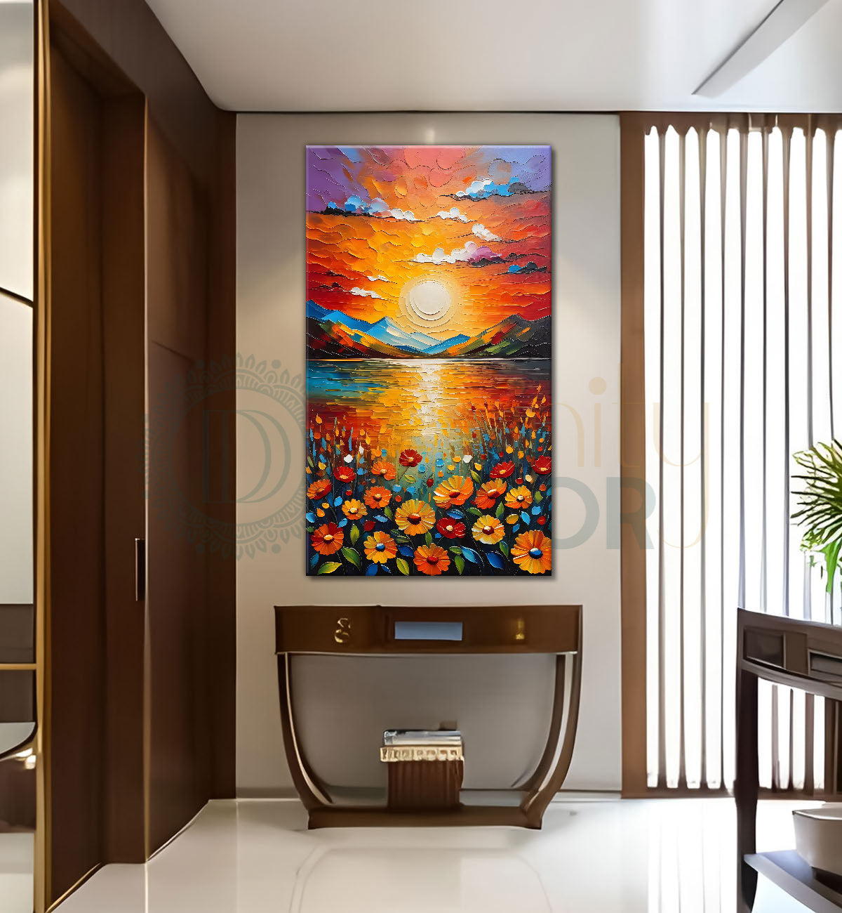 Sunrise with beautiful colourful flowers textured art Canvas Painting - Nature Art -V-45