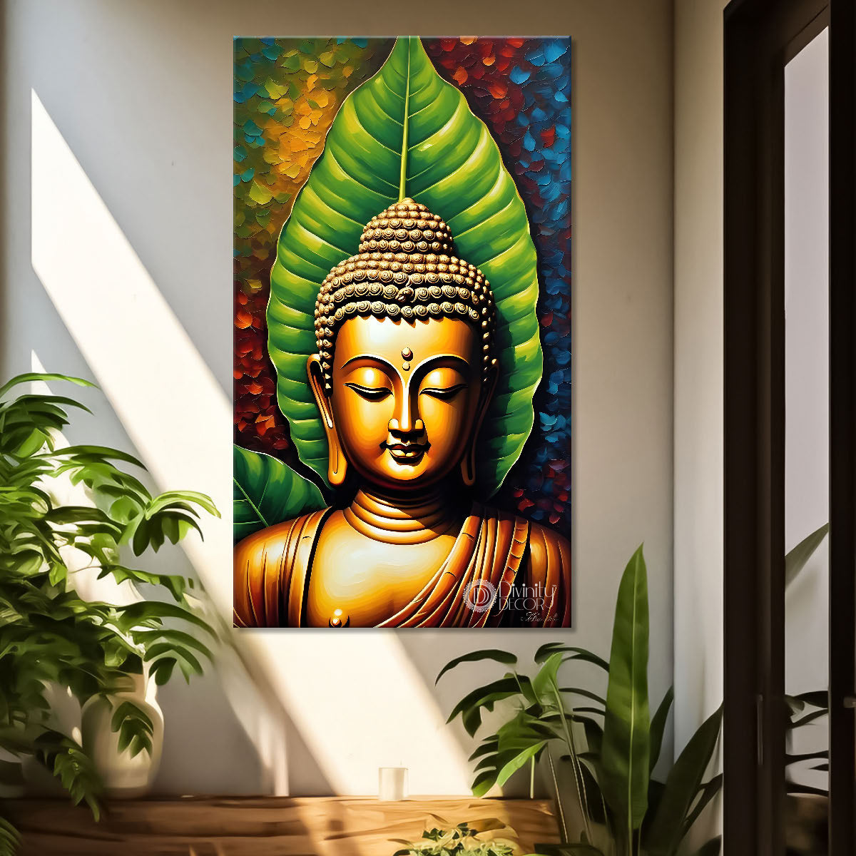 Golden buddha face with green leaf background textured painting- Buddha-V-45