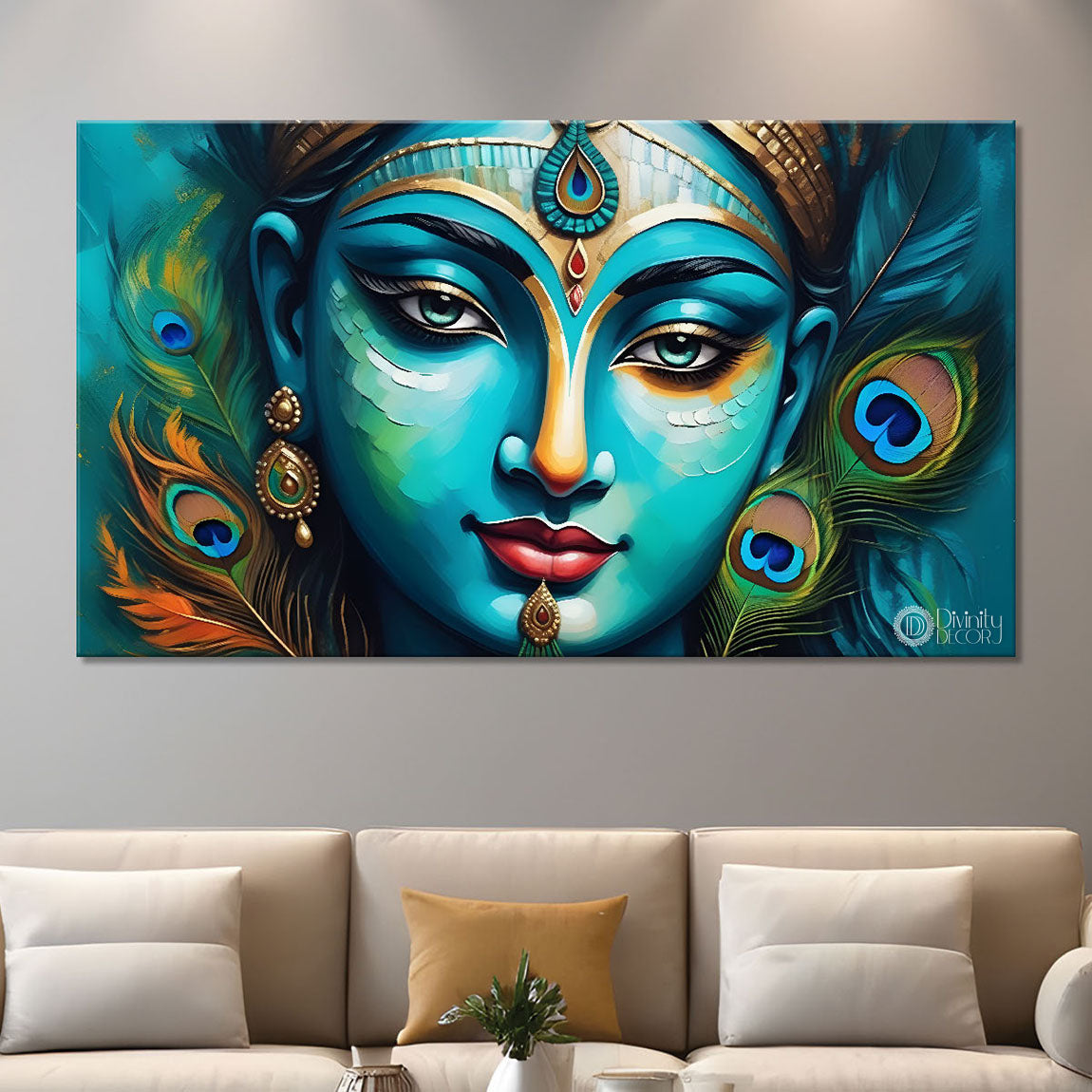 Krishna face painting in blue texture with peacock feather background Canvas Painting - Design - Krishna-45