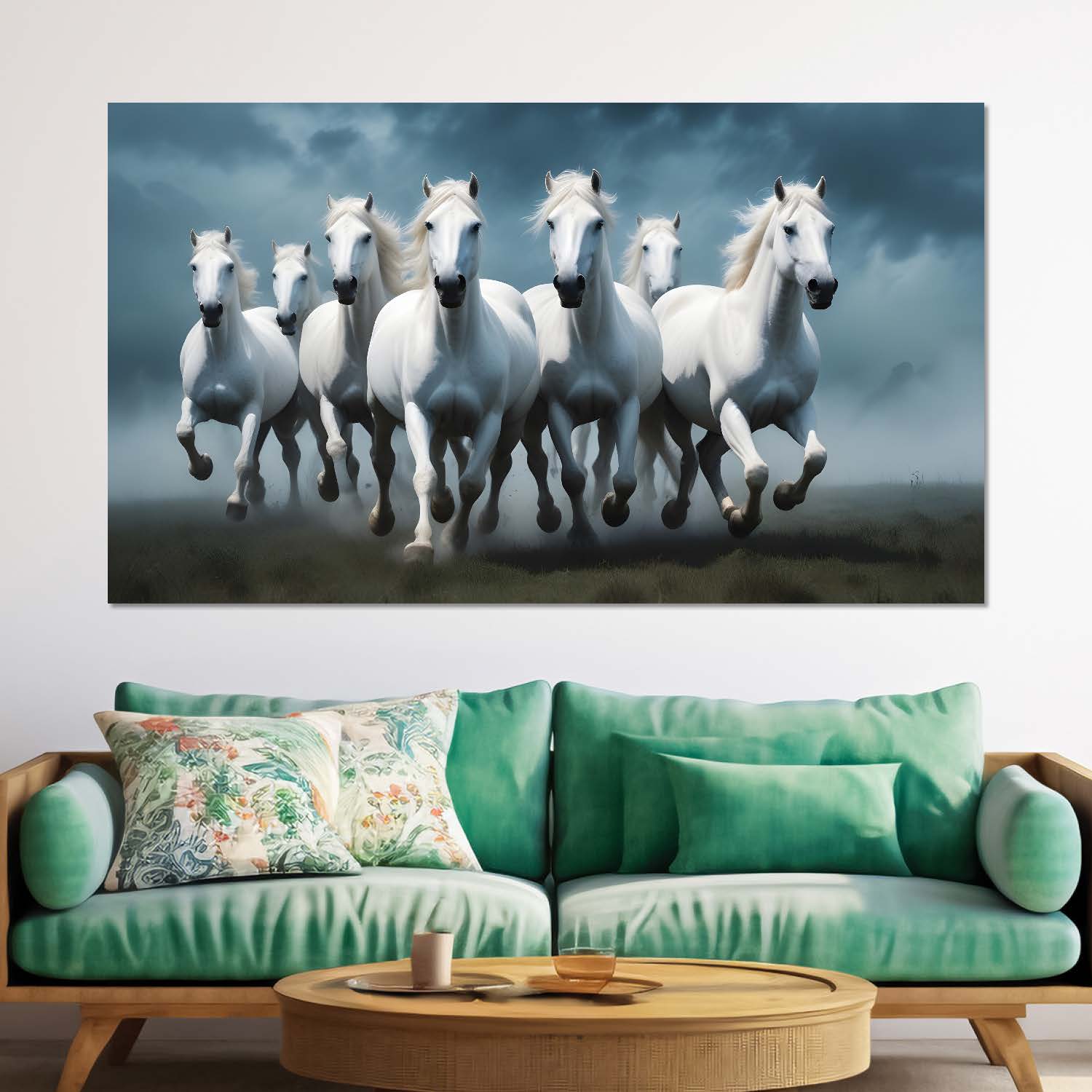White running horses on the grass in grey textured background art Canvas Painting - Design - Horse-45