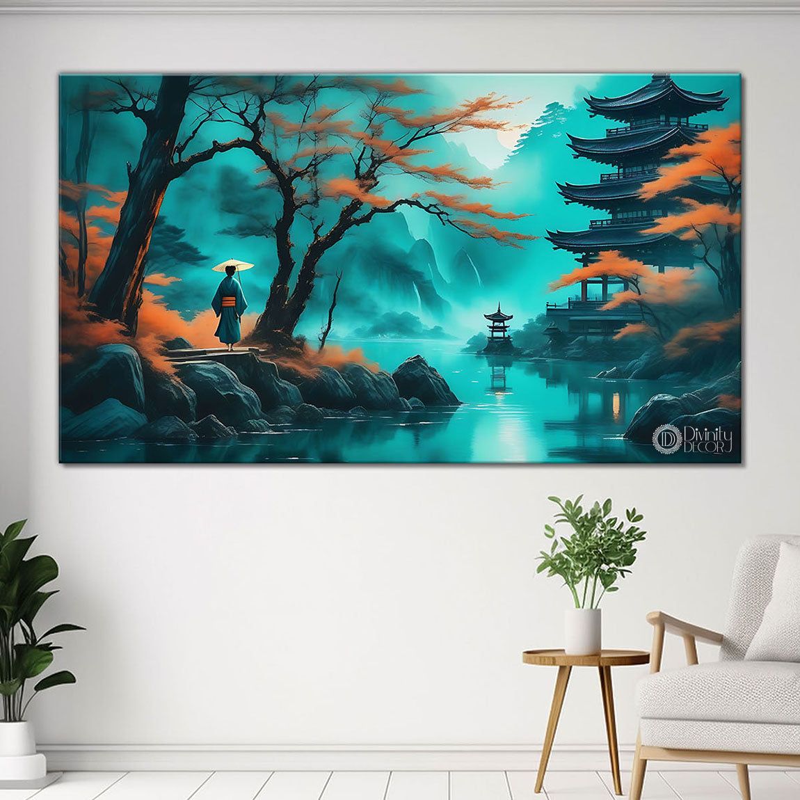 Japanese girl with umbrella and orange trees, lake in aqua green textured natural art Canvas Painting - Nature Art -45