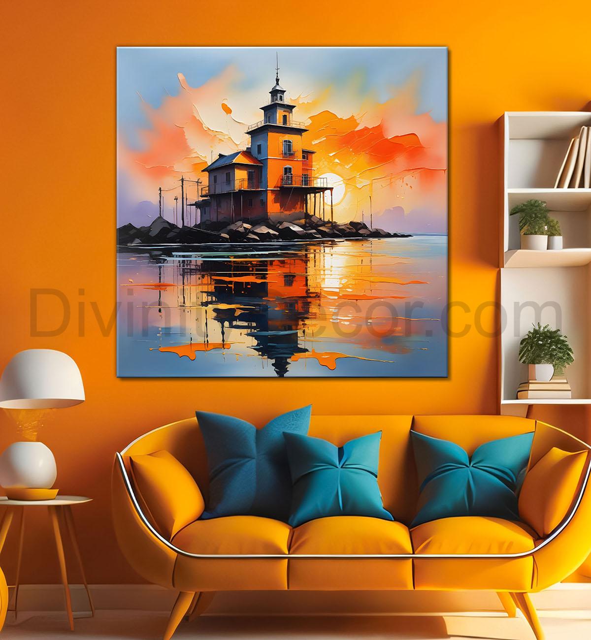 House in the river with sunset painting Canvas Painting 24X24- Nature Art -S-46