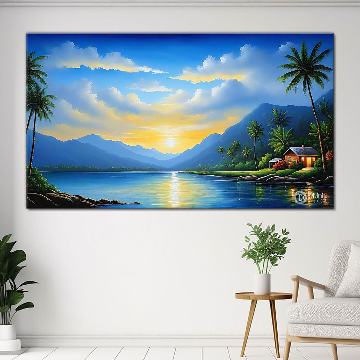 Mountains with lake and trees in sunrise textured natural art Canvas Painting - Nature Art -46