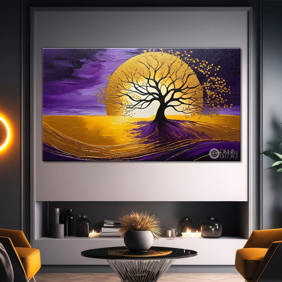 Golden tree in purple textured modern art Canvas Painting - Design - Tree-46