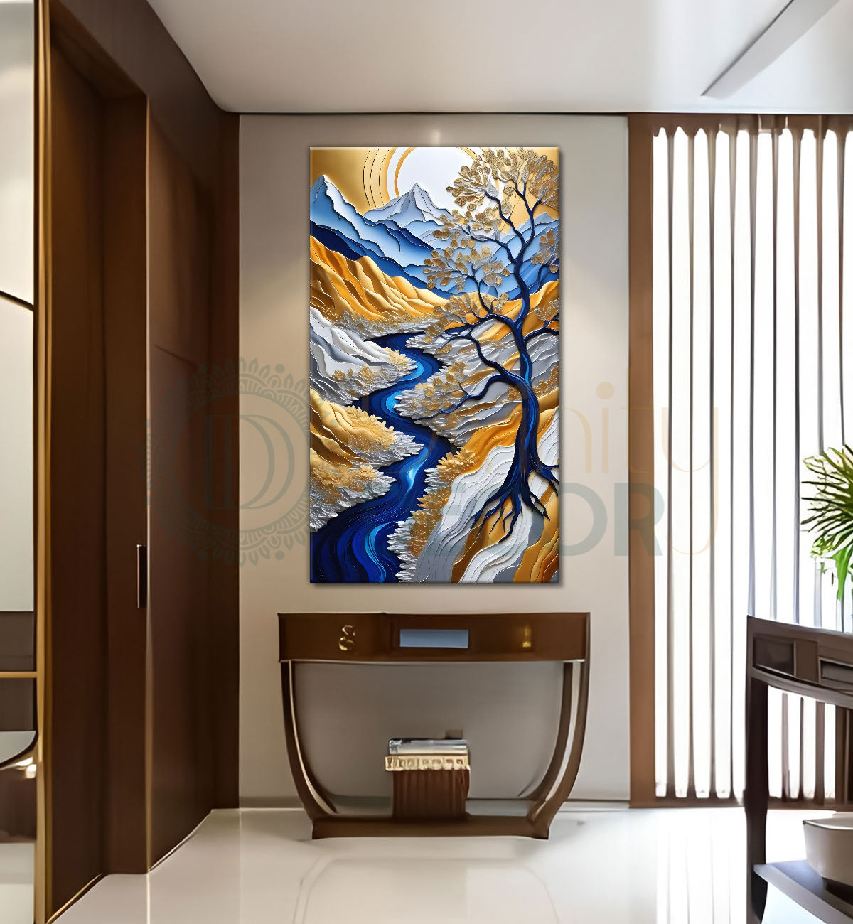 Blue mountains with golden trees and white moon textured natura art Canvas Painting - Nature Art -V-46