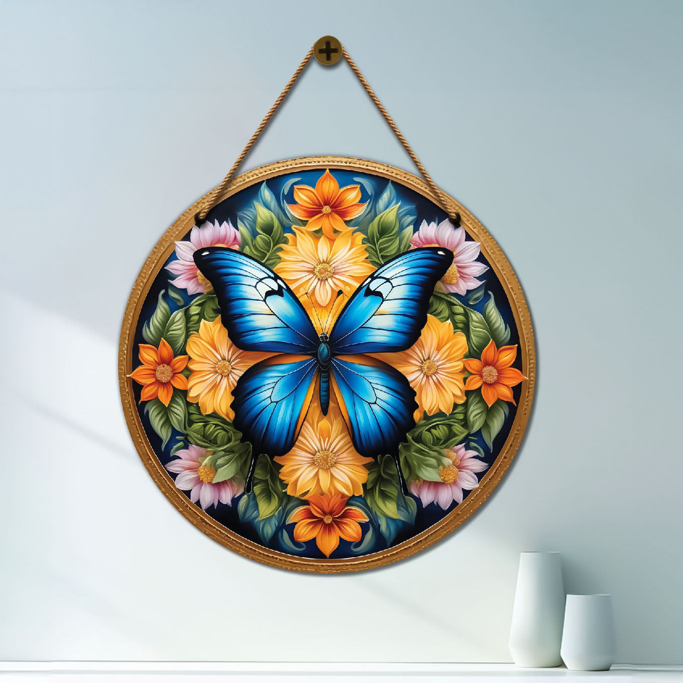 Blue Butterfly in floral and black mandala Round Wooden Wall Hanging for wall Décor - Design - 46