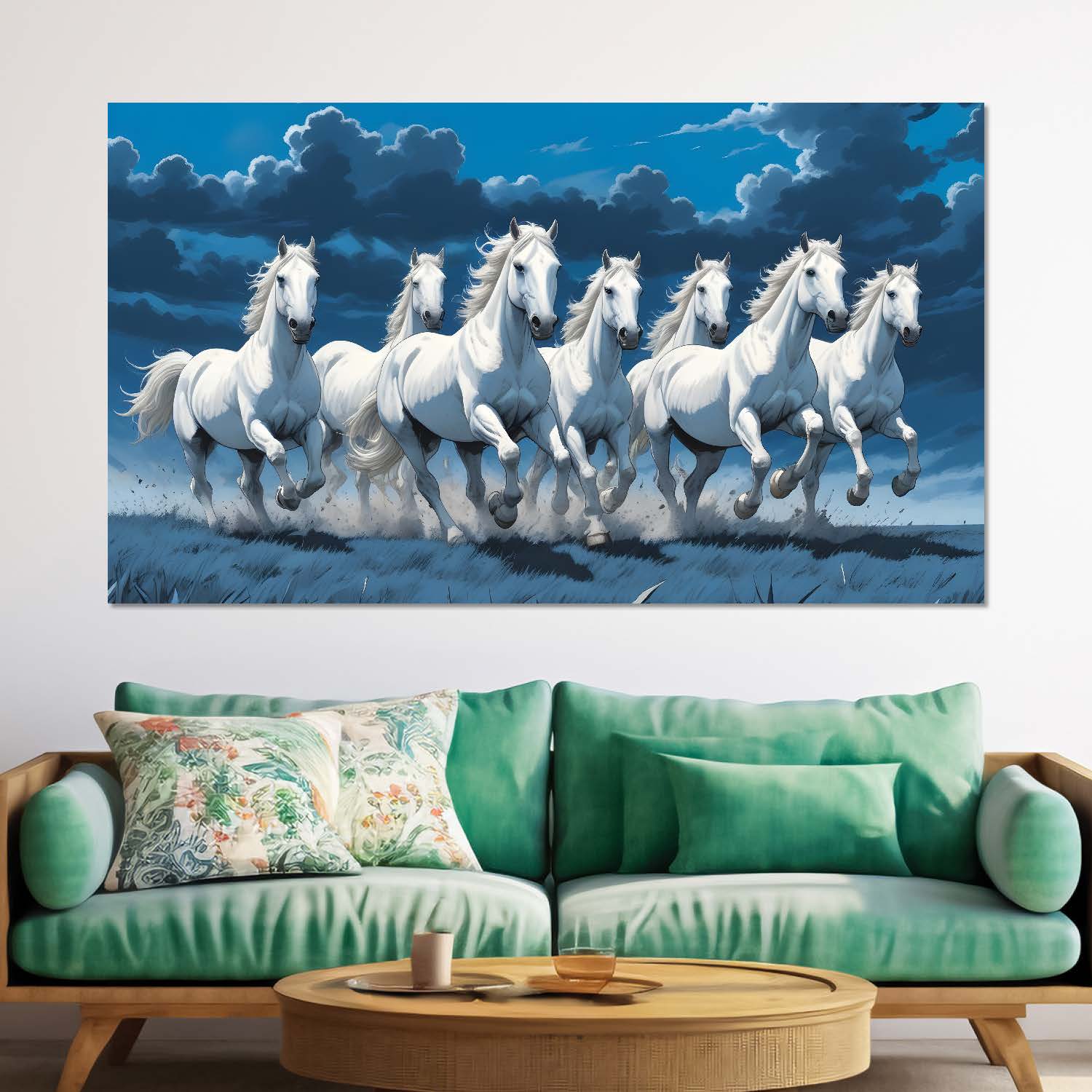 White running horses in cloudy and blue textured background art Canvas Painting - Design - Horse-46