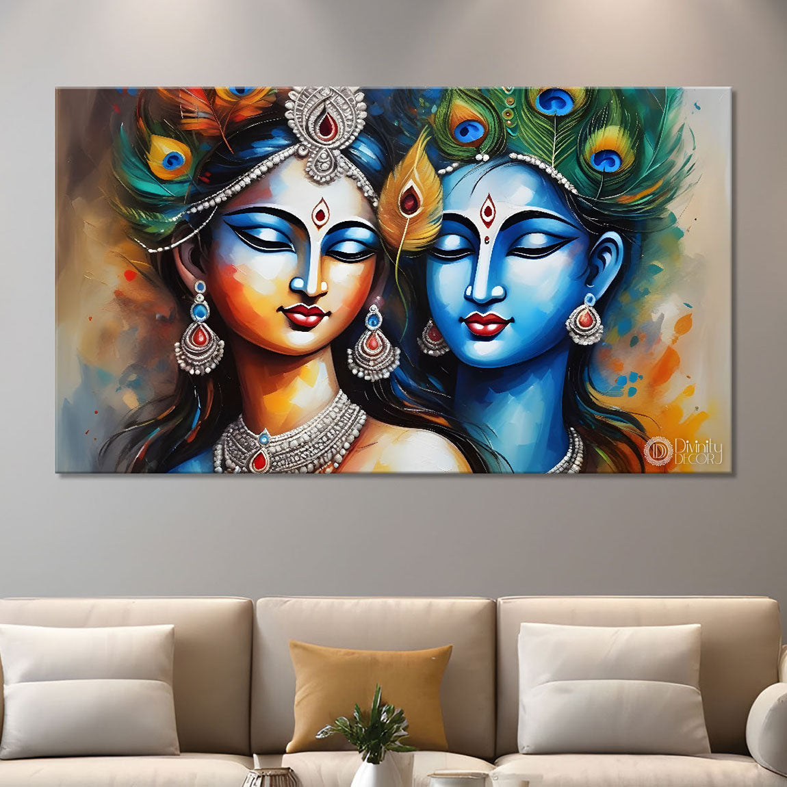 Blue face Krishna and Radha in peacock feather crowns textured painting Canvas Painting - Design - Krishna-46