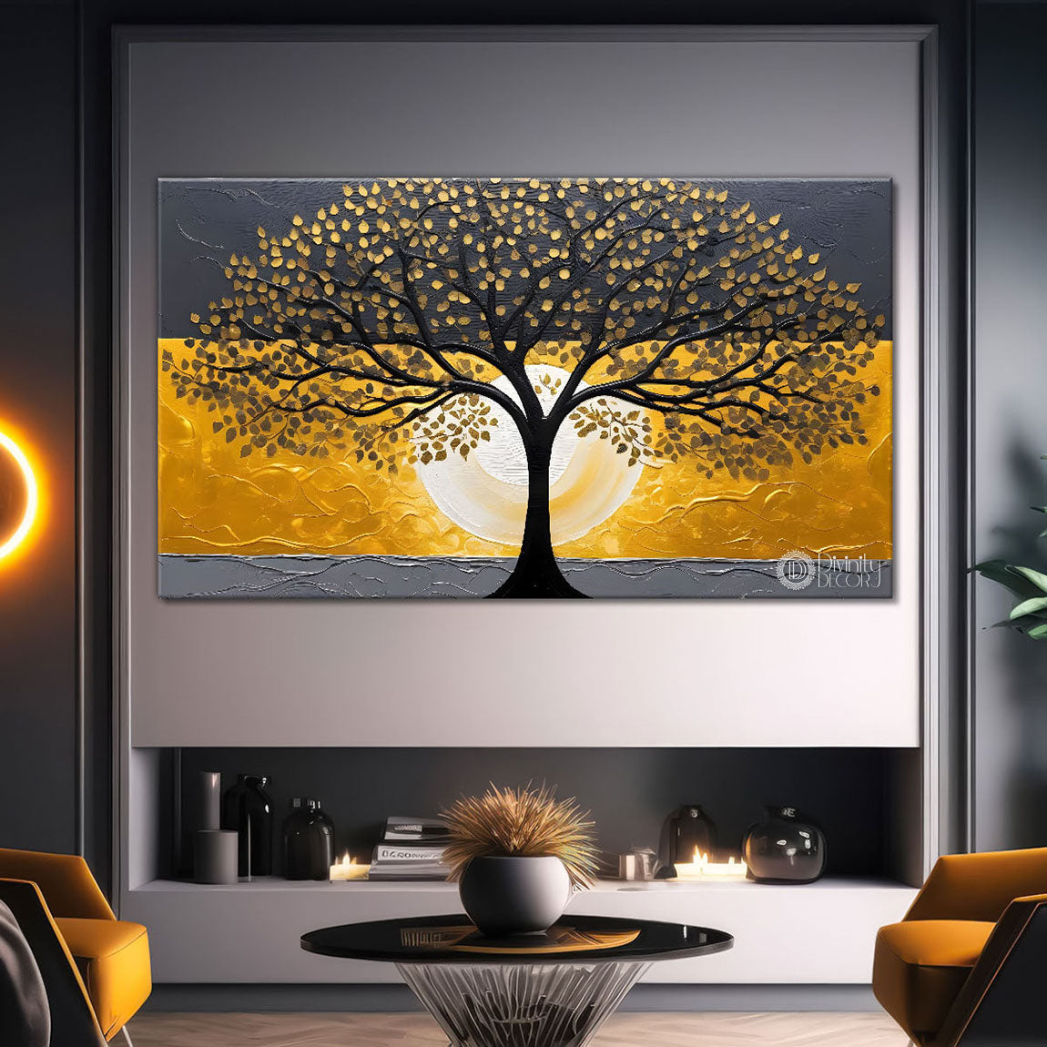 Golden tree in grey textured modern art Canvas Painting - Design - Tree-47